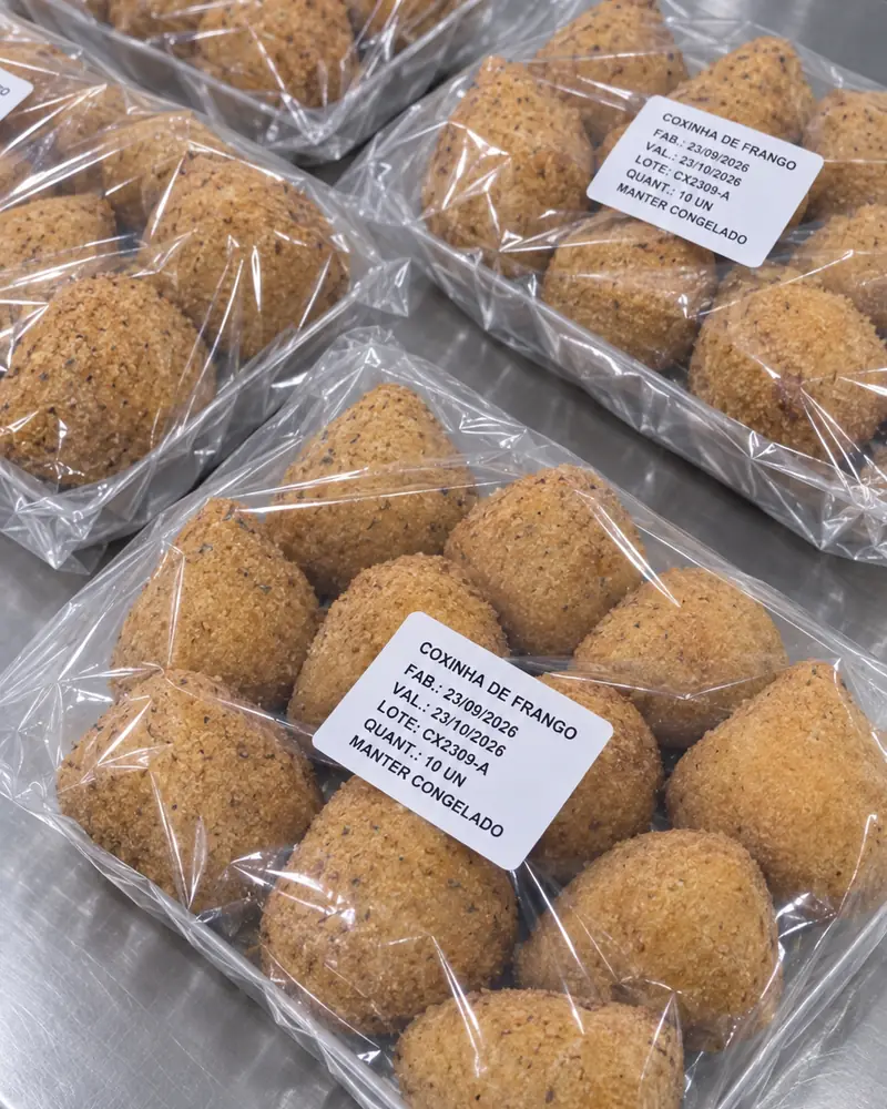 Bandejas de coxinhas embaladas com etiqueta de produto, lote e validade