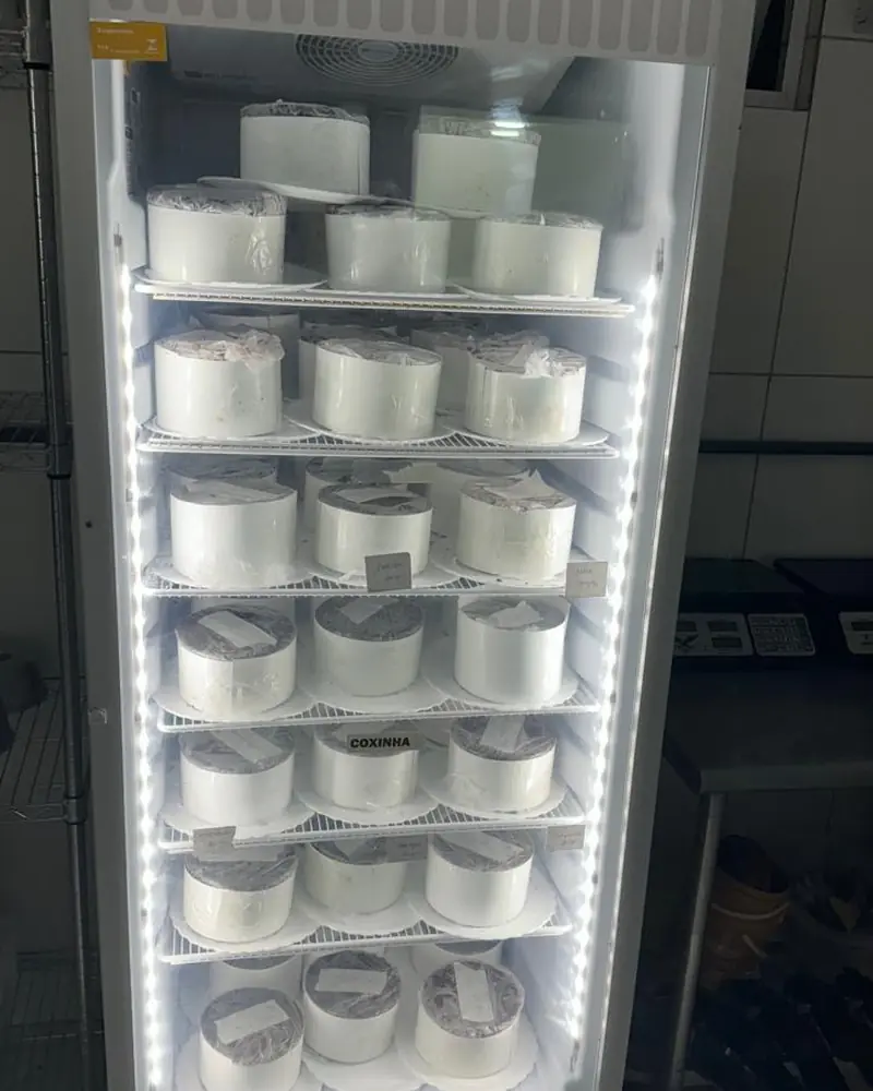 Freezer vertical de congelados com potes organizados por prateleira